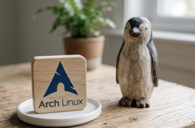 یک بلوک چوبی مربعی شکل که روی آن آرم آبی رنگ آرچ لینوکس و متن "Arch Linux" چاپ شده است، روی یک بشقاب کوچک سفید قرار دارد. در پس‌زمینه، یک مجسمه چوبی پنگوئن و یک گیاه گلدانی روی یک میز چوبی قرار دارند.